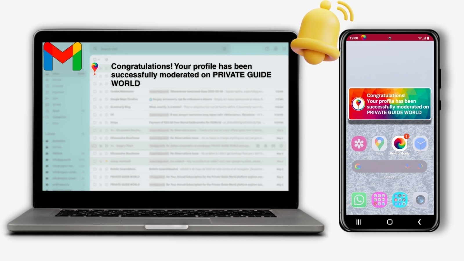 Examples of email and push notifications regarding profile moderation.