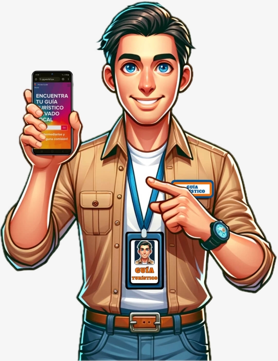 Un guía turístico con su credencial y la aplicación Private Guide World en la pantalla de su teléfono móvil.