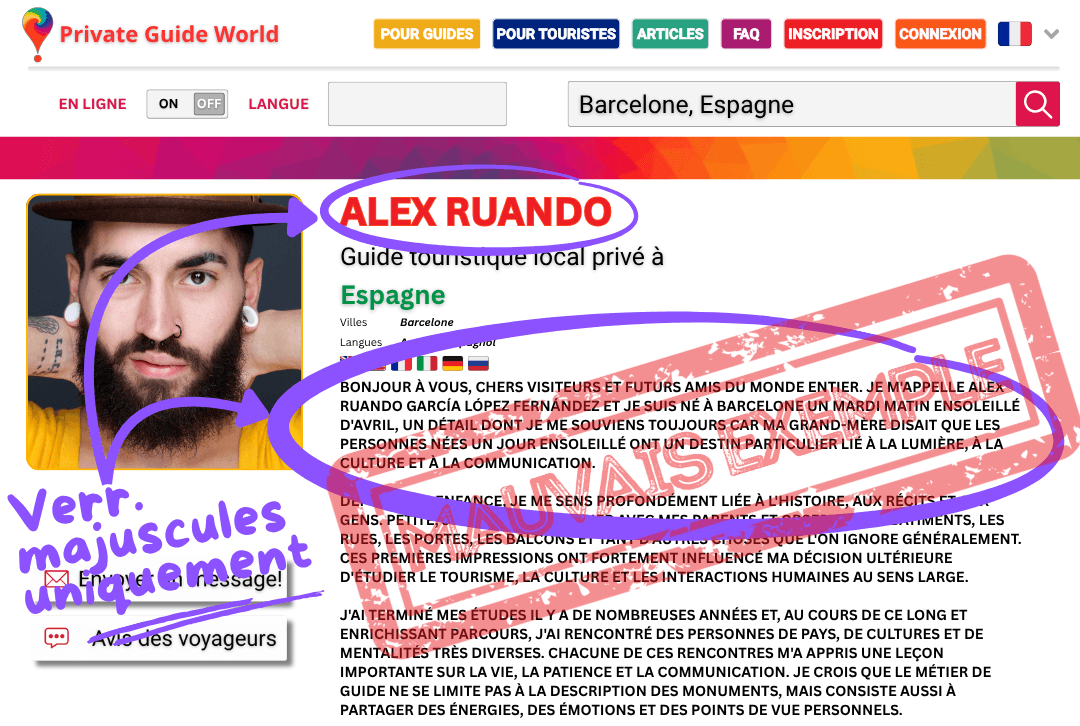 Un exemple d'utilisation excessive de la touche VERR MAJUSCULES dans le profil d'un guide touristique.