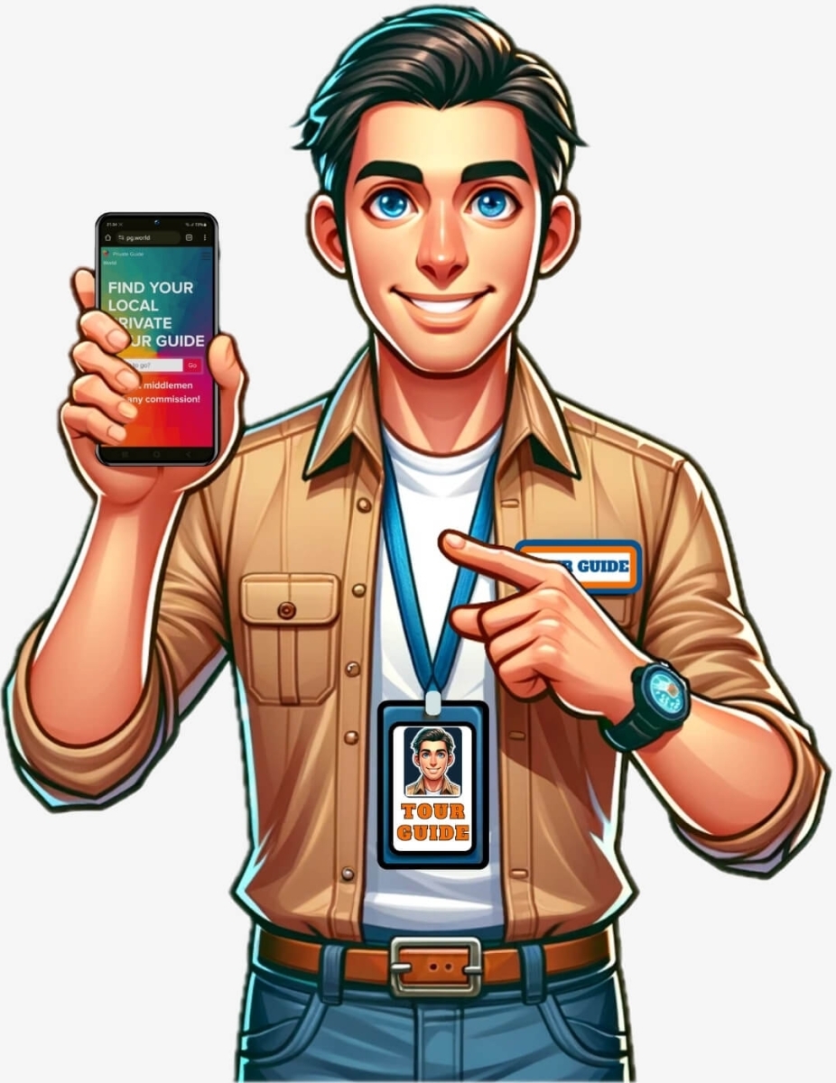 A tour guide with a badge and the Private Guide World App on a mobile phone screen.