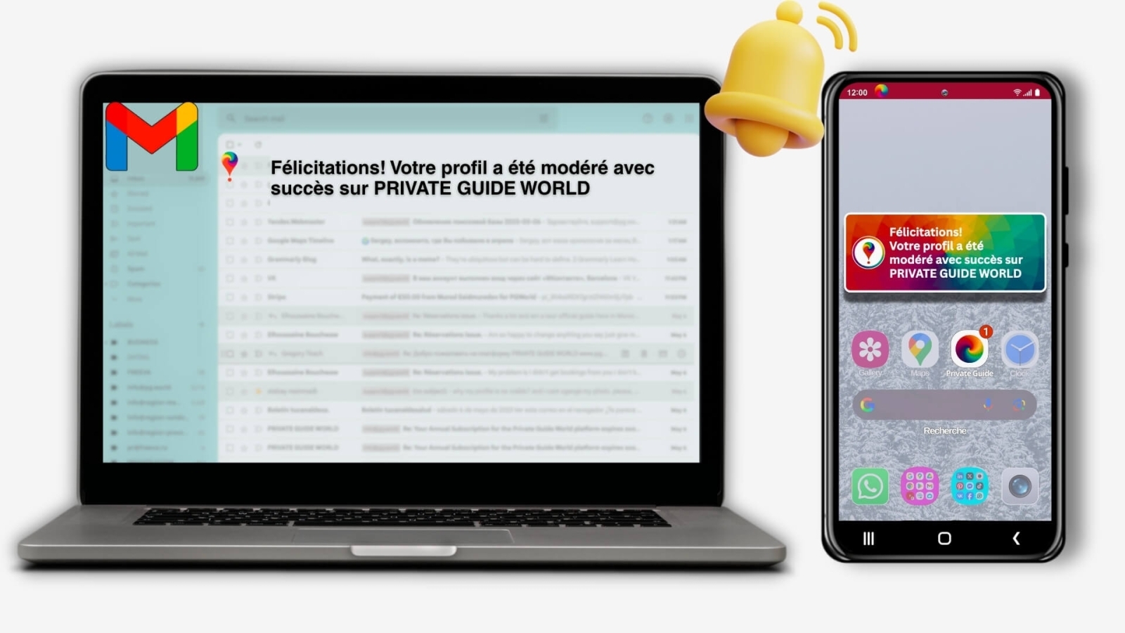 Exemples de courriels et de notifications push concernant la modération des profils.