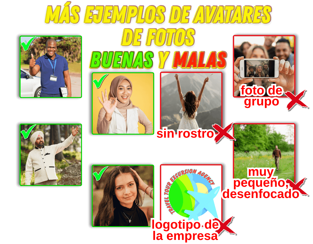 Otros ejemplos de fotos de avatar aprobadas y no aprobadas. Tutorial de la aplicación Private Guide World.