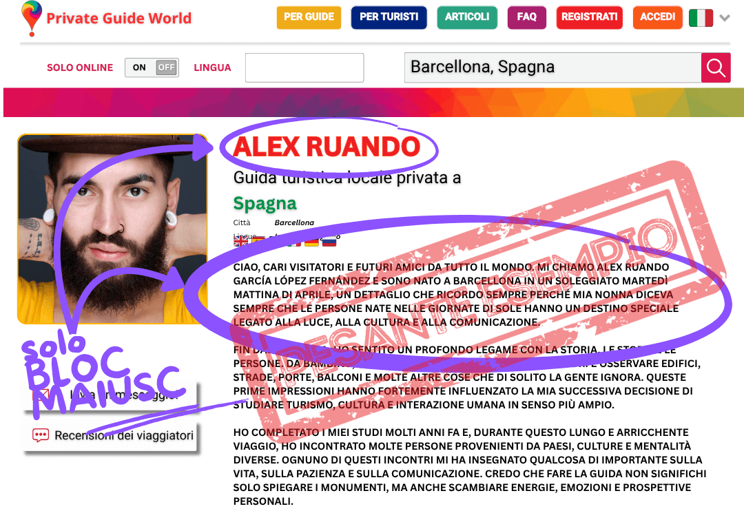 Un esempio di uso eccessivo del tasto MAIUSCOLA nel profilo di una guida turistica.