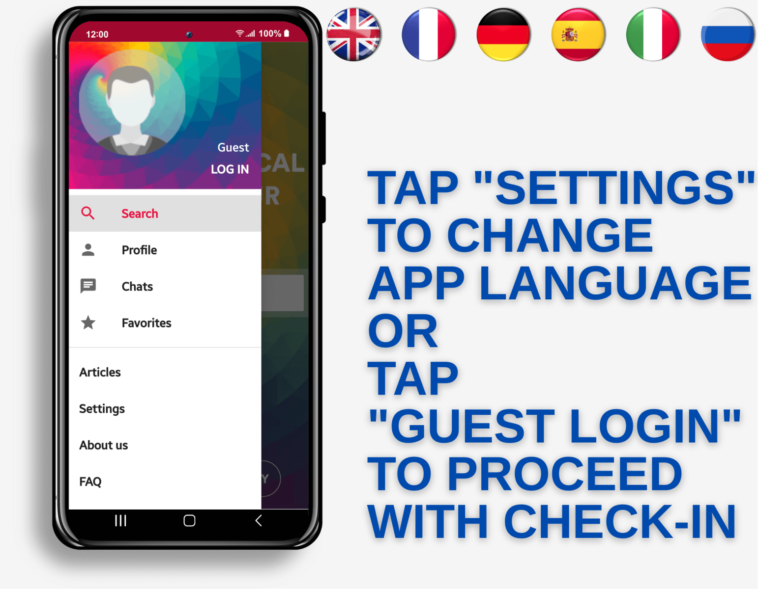 Tap Settings to change app language or tap Guest Login to proceed with check-in