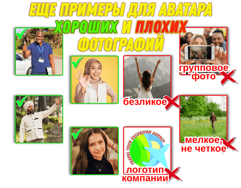 Другие примеры одобренных и не одобренных фотографий для аватара. Учебное пособие по приложению Private Guide World.
