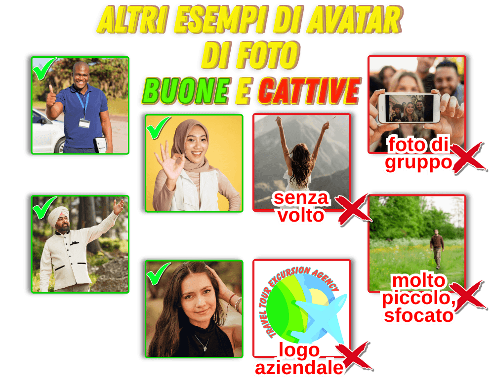 Altri esempi di foto avatar approvate e non approvate. Tutorial dell'app Private Guide World.