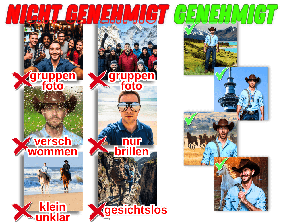 Beispiele für schlechte und gute Avatar-Fotos.