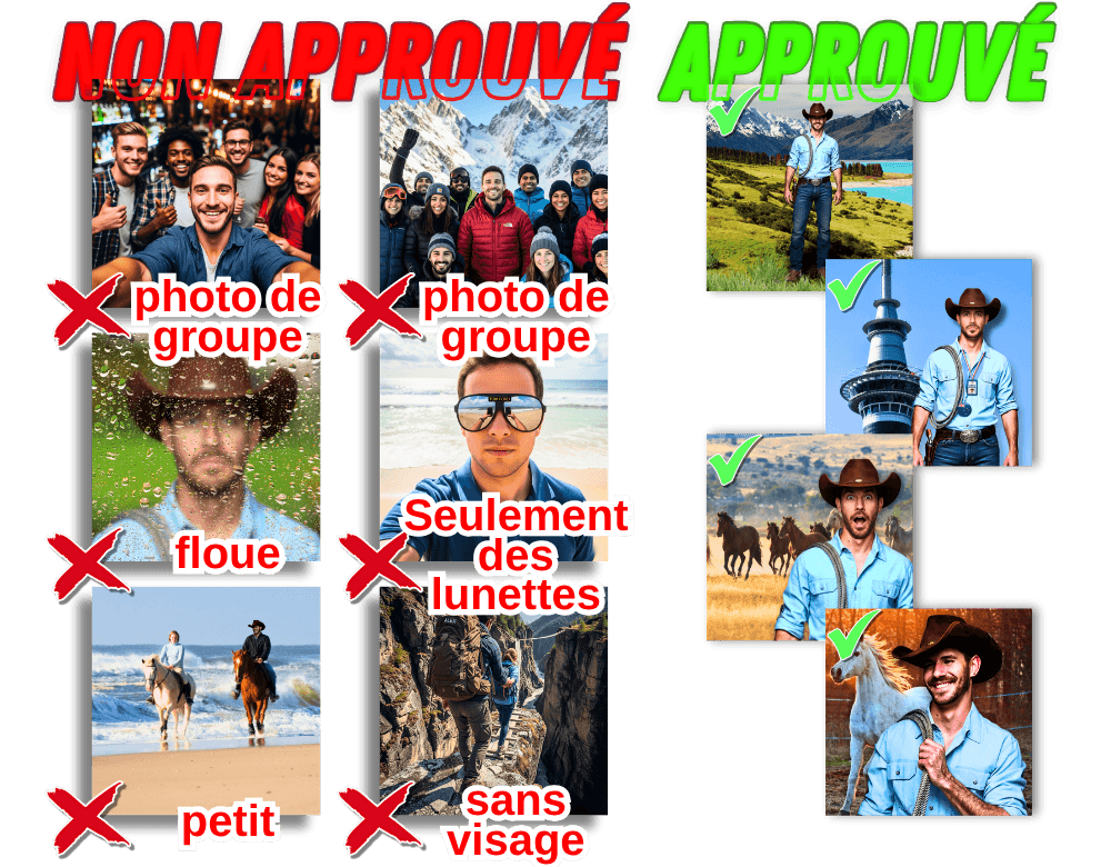 Exemples de photos d'avatar réussies et ratées.