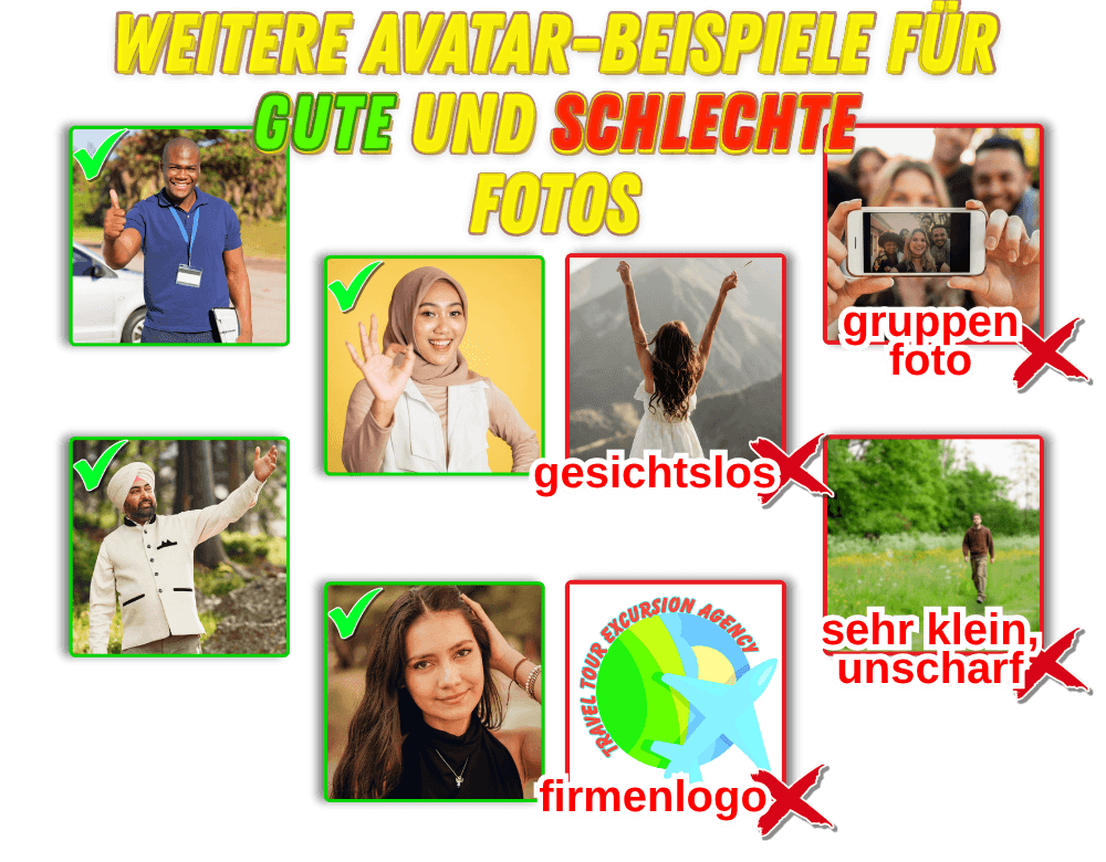 Weitere Beispiele für genehmigte und nicht genehmigte Avatar-Fotos. Tutorial zur App „Private Guide World“.