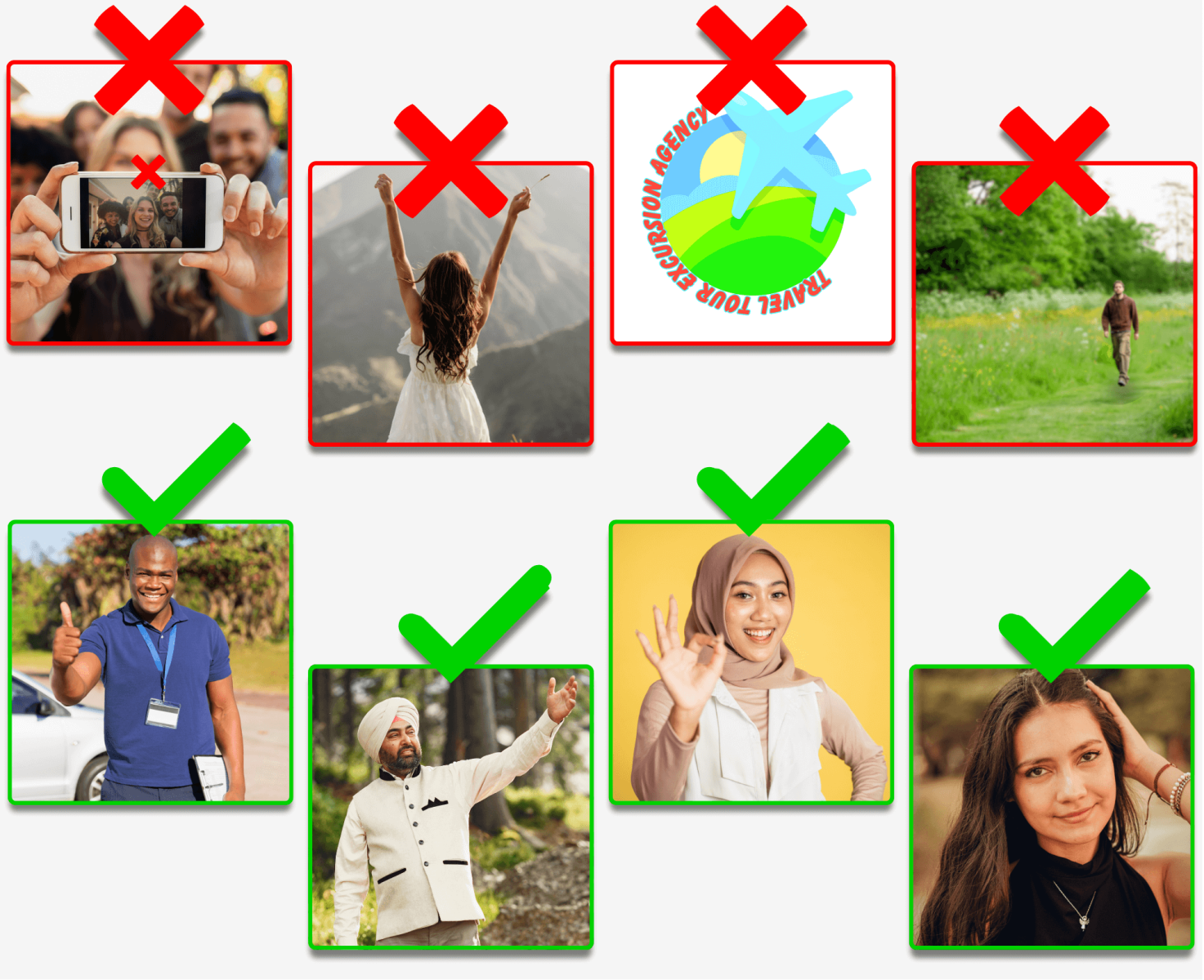 Correct vs incorrect profile photos: single guide approved, group/logo rejected