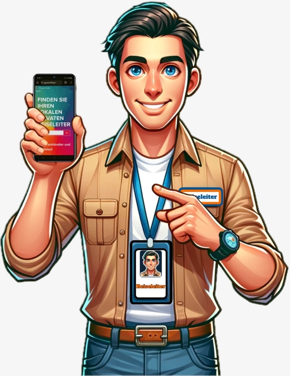 Ein Reiseleiter mit Namensschild und der Private Guide World App auf einem Smartphone-Bildschirm.