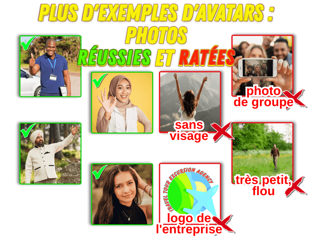 Autres exemples de photos d'avatar approuvées et non approuvées. Tutoriel de l'application Private Guide World.