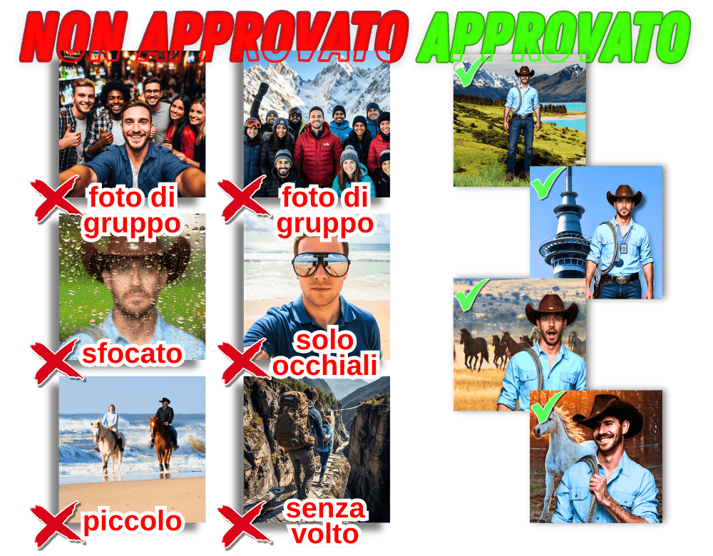 Esempi di foto avatar buone e cattive.