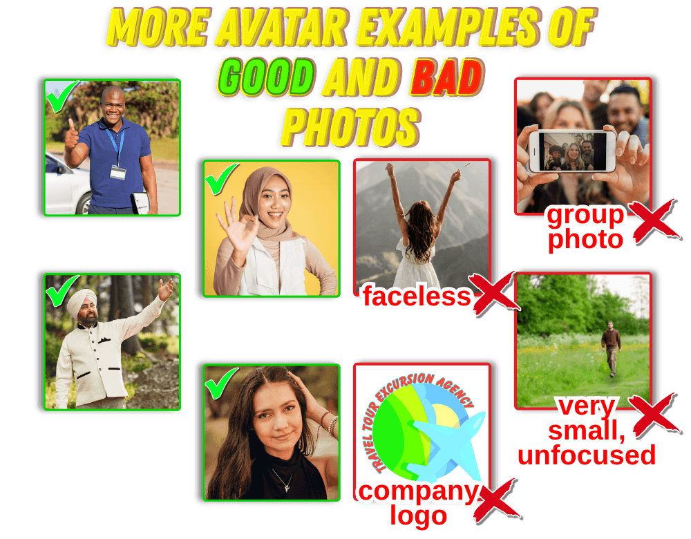 Other examples of approved and not approved avatar photos. Private Guide World app tutorial.