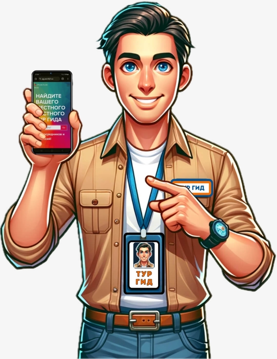 Экскурсовод с бейджем и приложением Private Guide World на экране мобильного телефона.