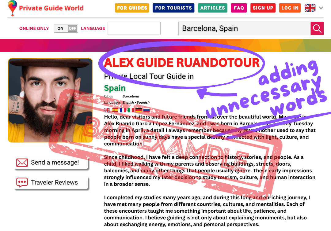 An example of using the extra words in tour guide’s name.