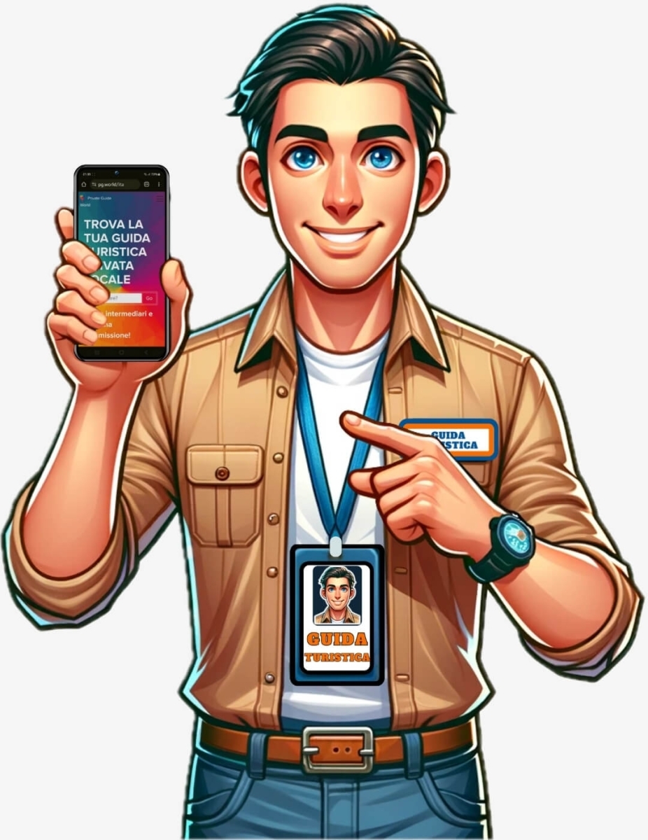 Una guida turistica con il badge e l'app Private Guide World sullo schermo di un cellulare.